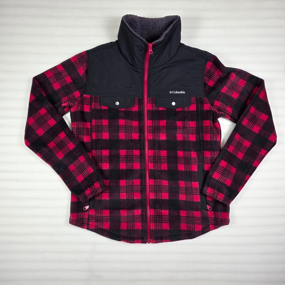 Columbia Fleece Jacket Womens Medium Red Plaid Gorpcore Cabin Cottagecore Y2K